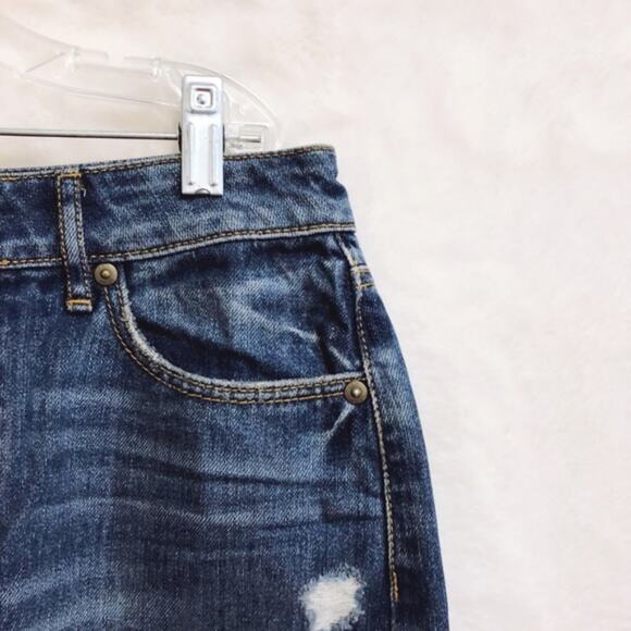 LOFT Medium Wash Distressed Denim Skirt with Front Slit - Picture 2 of 8